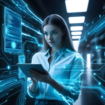 Woman IT professional analyzing data on tablet in server room