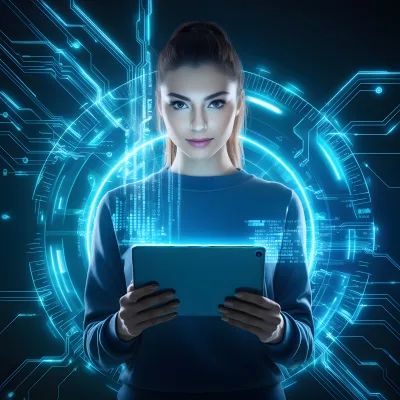  Futuristic Woman Using Tablet with Cyber Technology Interface