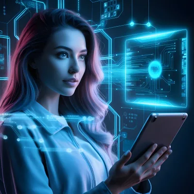 Futuristic Woman Interacting with Advanced Holographic Interface and Tablet