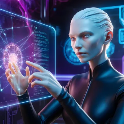Futuristic Woman Interacting with Advanced Holographic Interface