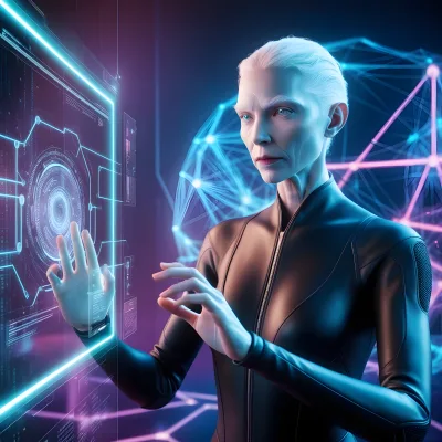 Futuristic Sci-Fi Woman Interacting with Holographic Interface