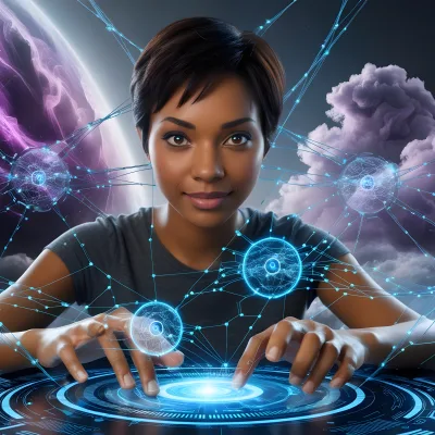Futuristic Woman Interacting with Digital Network Interface