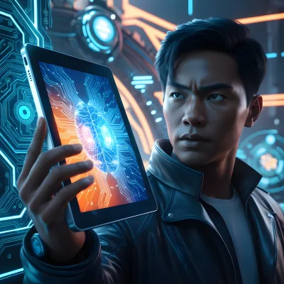 Futuristic Man Analyzing AI Brain Graphic on Digital Tablet