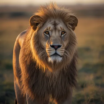 Majestic Male Lion Standing in the African Savannah at Sunset
