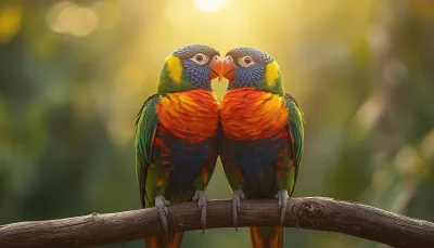 Two Vibrant Rainbow Lorikeets Perched Together on a Branch