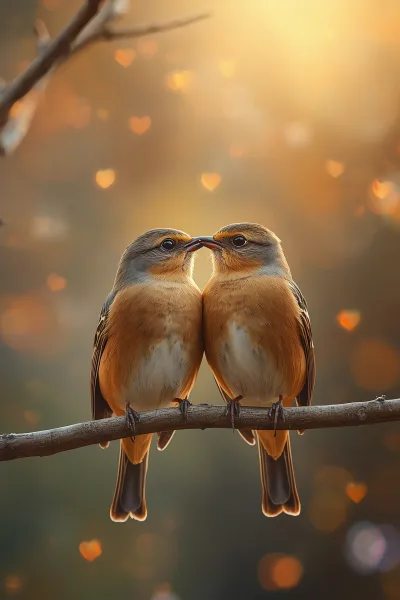 Two Birds Perched on a Branch Sharing a Kiss