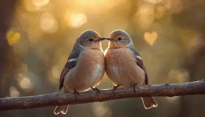 Two Cute Chaffinch Birds Perched Together on a Branch at Sunset
