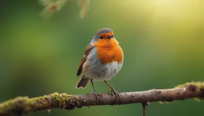 European Robin Perched on a Mossy Branch