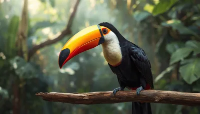 Toco Toucan Perched on a Tree Branch in the Rainforest