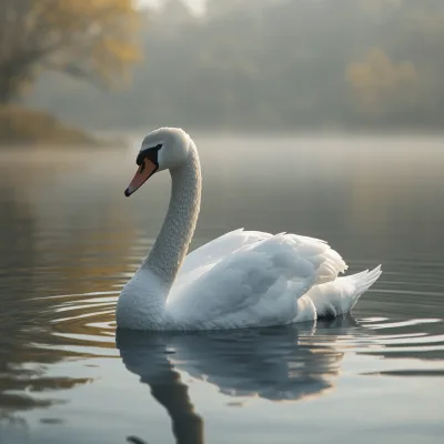Mute Swan Swimming on a Misty Lake at Sunrise