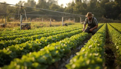 Farmer Tending to Fresh Crop Rows in Field