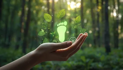 Human hand holding glowing green carbon footprint symbol in forest