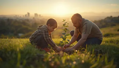Father and Son Planting a Tree at Sunset