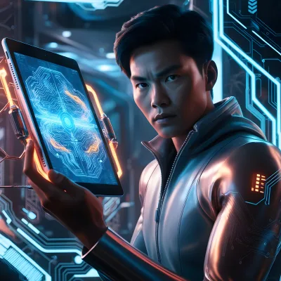 3D Rendered Sci-Fi Tablet With Glowing Circuit Grid