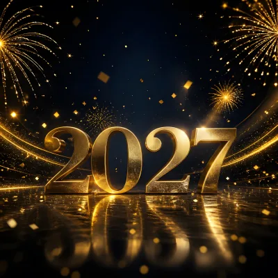 Golden 3D 2027 New Year Celebration with Fireworks Background