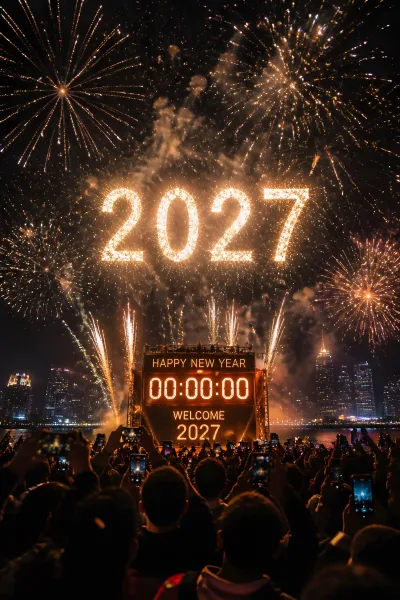 Spectacular New Year 2027 Celebration with Fireworks and Crowd