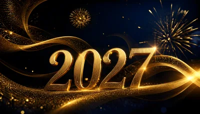 Elegant Golden 2027 New Year Celebration with Fireworks Background
