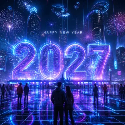 Futuristic Neon Happy New Year 2027 Celebration in Cyberpunk City