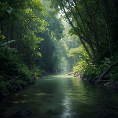 Serene River Flowing Through Lush Tropical Rainforest