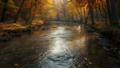 Autumn River Flowing Through Golden Forest