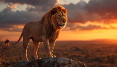 Majestic Adult Male Lion Standing on Rock at Sunset