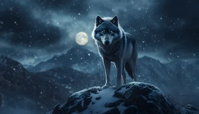 Majestic Wolf Standing on Snowy Mountain Peak Under Full Moon