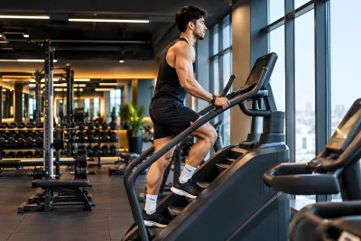 Athletic Man Training on Stair Climber Machine in Modern Gym