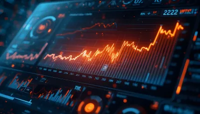 Digital Financial Data Interface with Glowing Red Tech Background