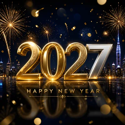 Happy New Year 2027 Celebration with Golden Numbers and Fireworks Skyline