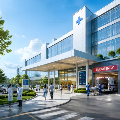 Modern Hospital Building Exterior and Emergency Entrance with Ambulance