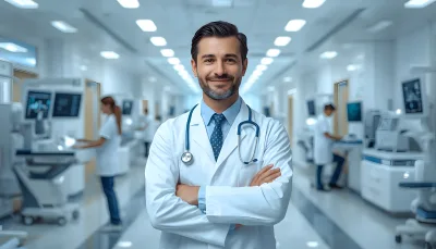Confident Male Doctor Standing in a Modern Hospital Hallway