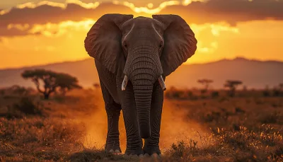 Majestic African Elephant Walking at Sunset in Savanna